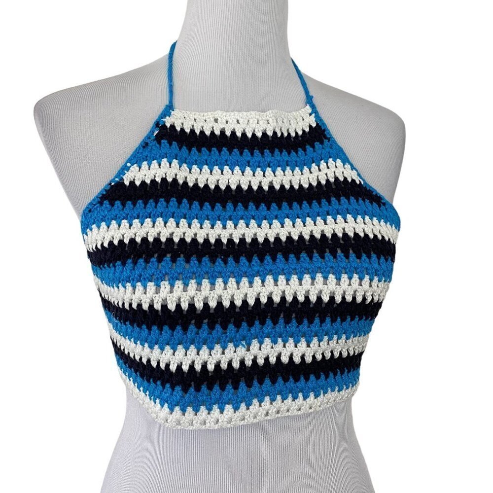 Nordstrom's BP Crochet Zig Zag Stripe Tie Back Halter Crop Top Blue Medium